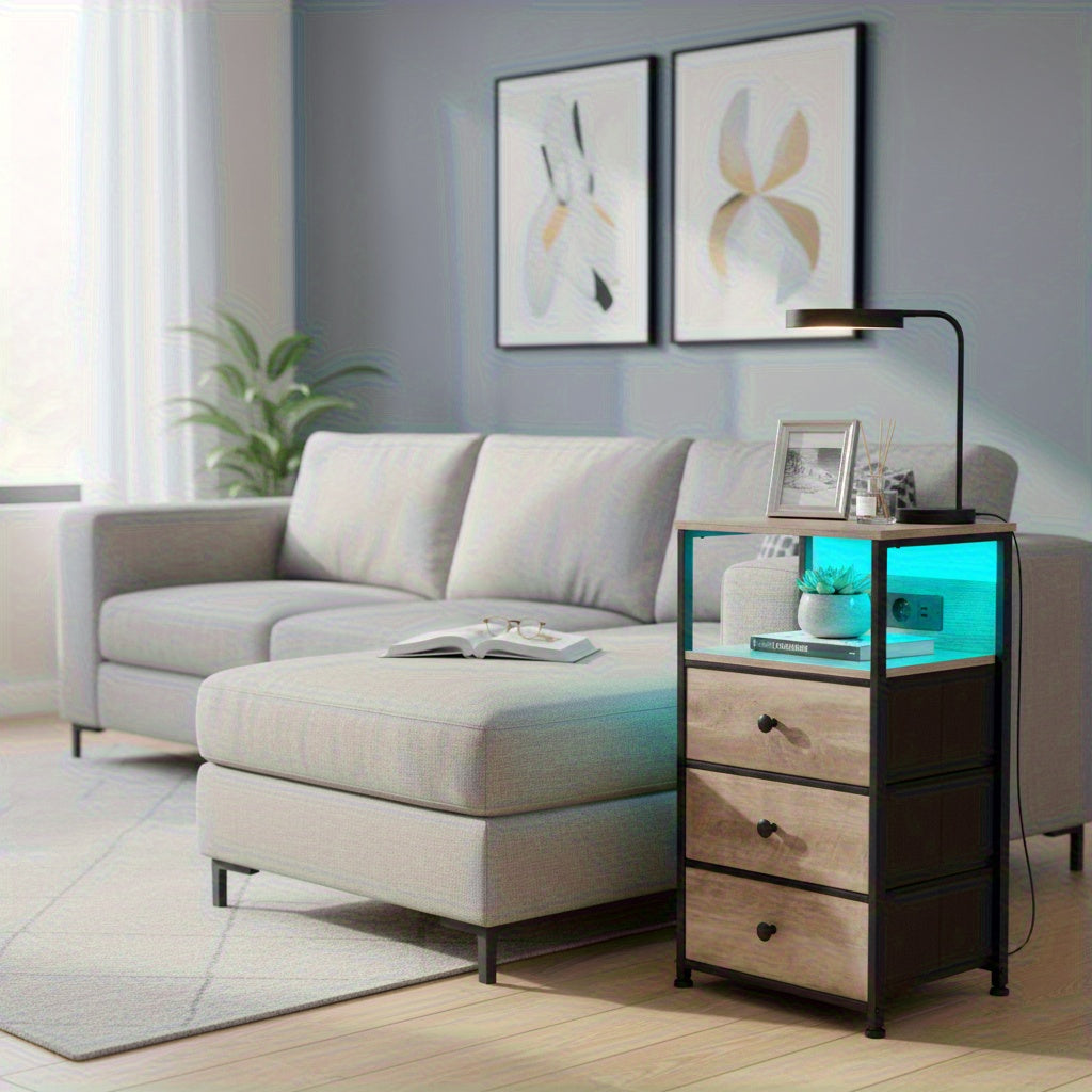 AMHANCIBLE Nachttisch mit LED Beleuchtung und 3 Stoffschubladen