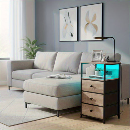 AMHANCIBLE Nachttisch mit LED Beleuchtung und 3 Stoffschubladen