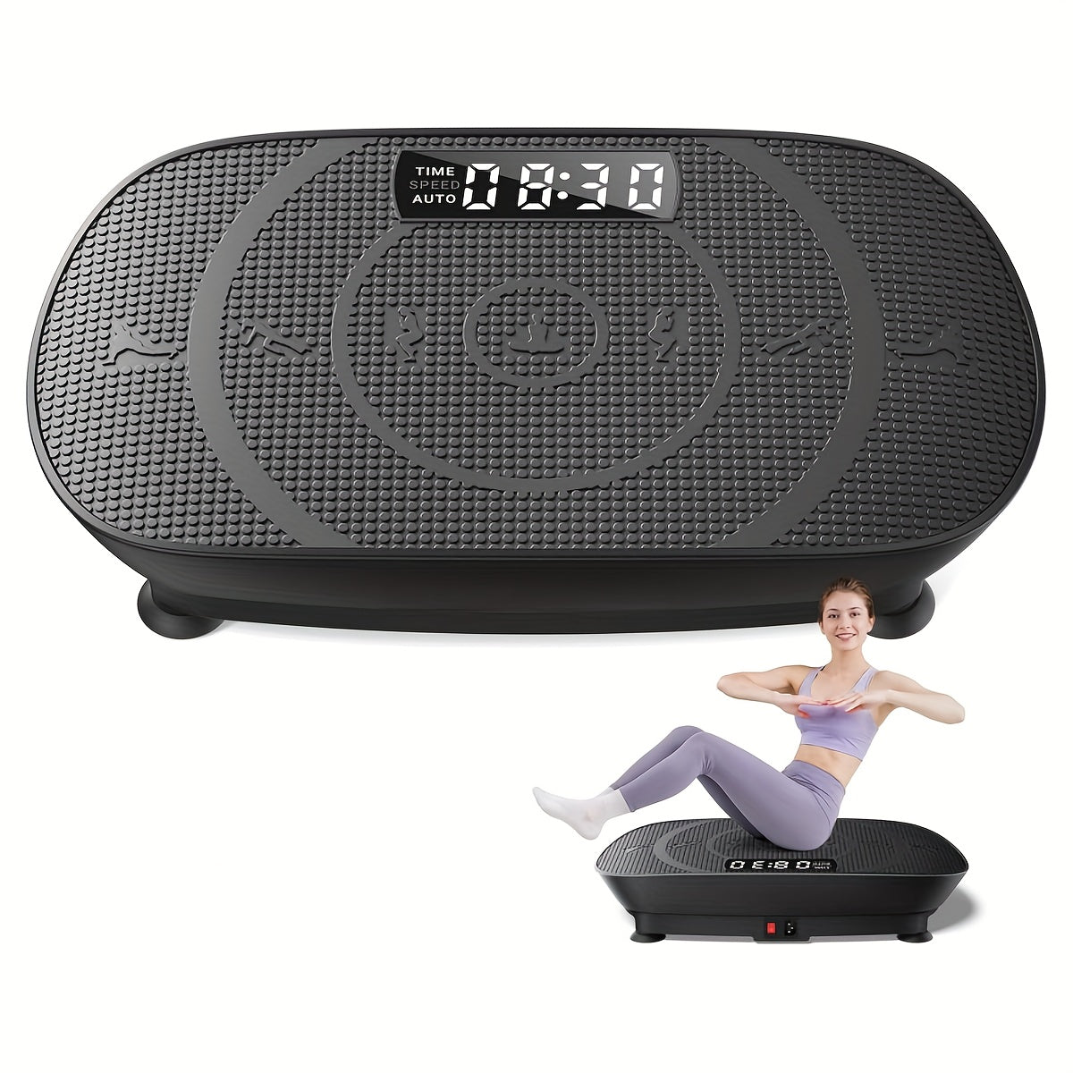 Frauen Vibrationsplatte – kompakte weiße Fitnessplattform mit LED-Display, Fernbedienung und rutschfestem Silikonpad für leises Ganzkörpertraining, Muskelstraffung und Core-Stärkung zuhause.
