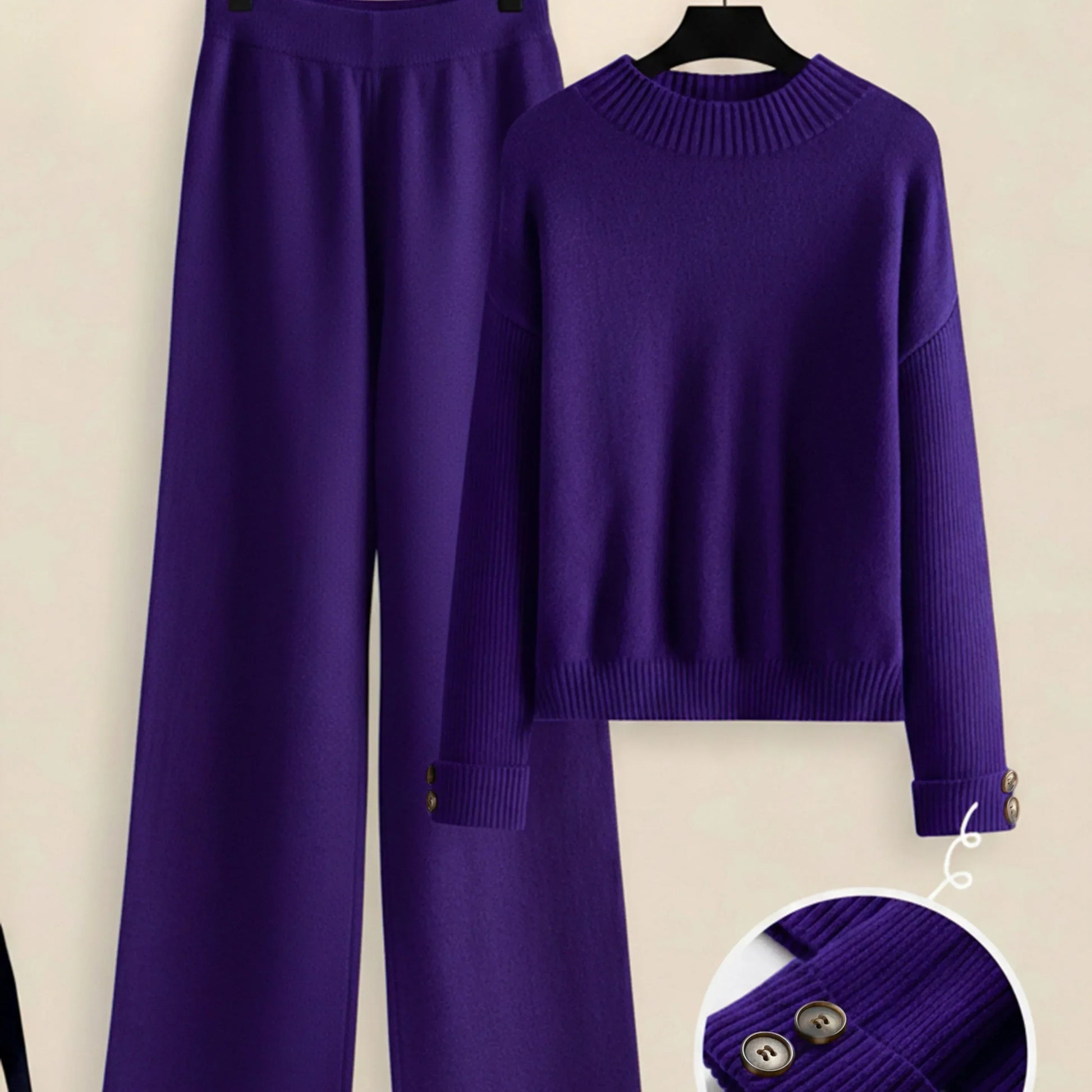 Damen Zweiteiler-Set mit Seitenstreifen – Rundhals Pullover & Gerade Hose, Weiche Freizeitkleidung für Herbst & Winter - FUXLShop