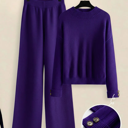 Damen Zweiteiler-Set mit Seitenstreifen – Rundhals Pullover & Gerade Hose, Weiche Freizeitkleidung für Herbst & Winter - FUXLShop