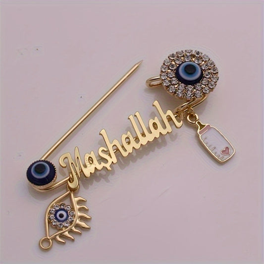 1x Islamische Brosche – Allah/Mashallah Kalligraphie, Hamsa/Hizkia Auge, goldfarbener Schmuck mit blauen & klaren Perlen – Unisex Pin für Hochzeit, Geburtstag, Eid