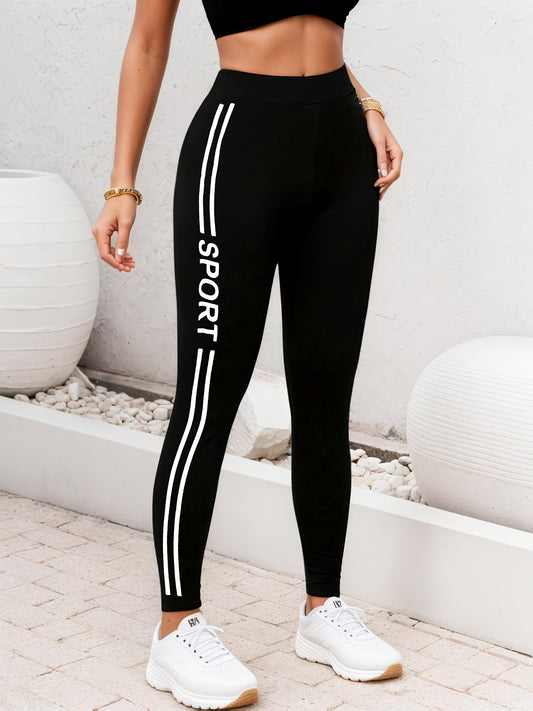 Damen Leggings – Schwarz, Hoch-Elastisch, Cropped mit Letter Print – Bequeme Alltags-Hose für Freizeit, Sport & Spaziergänge