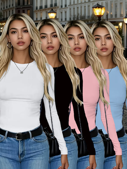 4er-Pack Damen Langarmshirts Rundhals – Stretch Basic-Tops Uni-Farben