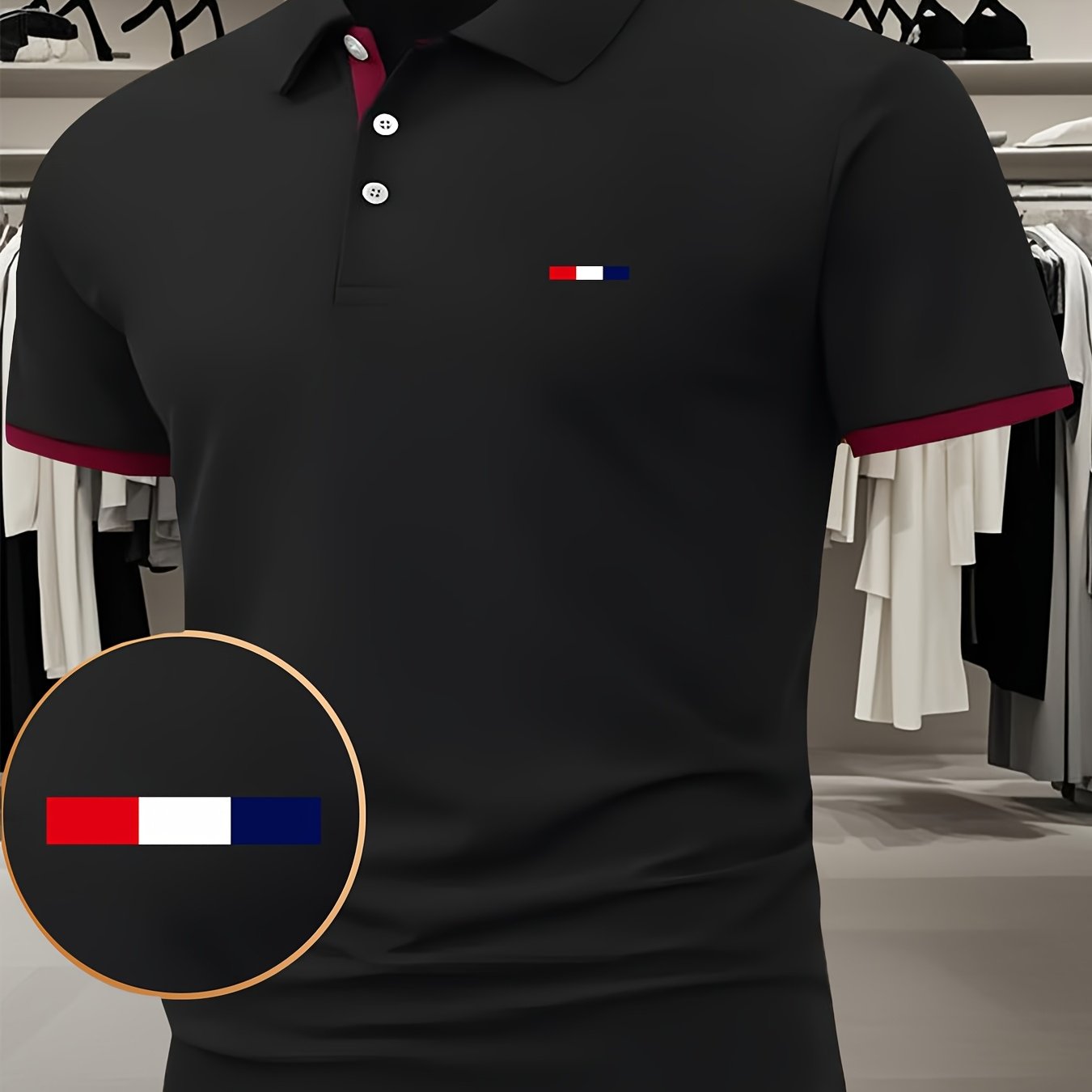 Herren -Shirt Rot mit weiß-blauem Muster – Kurzarm, Knopfkragen, leicht dehnbar, ideal für Sommer & Freizeit