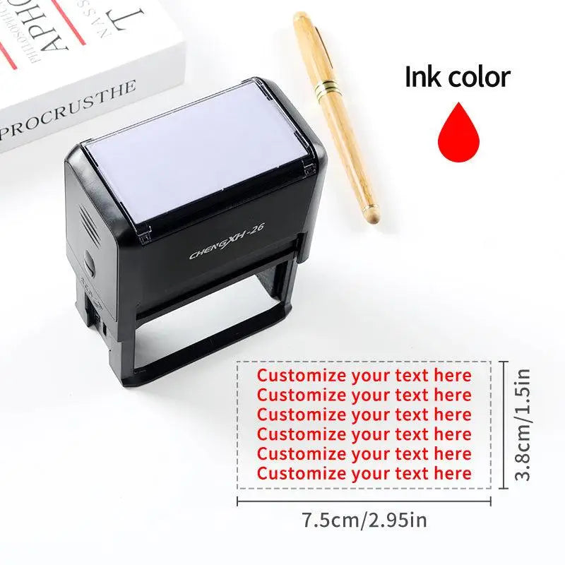 Personalisierter textstempel groß mit schwarzem abs-gehäuse und selbstfärbendem stempel in rechteckiger form