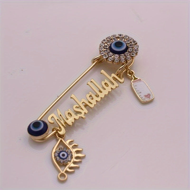 1x Islamische Brosche – Allah/Mashallah Kalligraphie, Hamsa/Hizkia Auge, goldfarbener Schmuck mit blauen & klaren Perlen – Unisex Pin für Hochzeit, Geburtstag, Eid