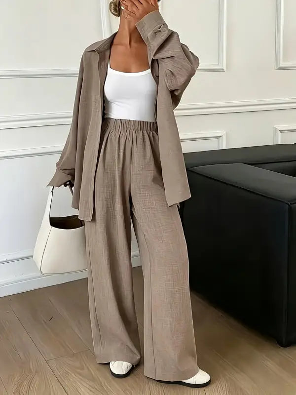 Beige leinenmischung weit geschnittene hose mit hohem elastischem bund im elegantes damen-set frühjahr herbst