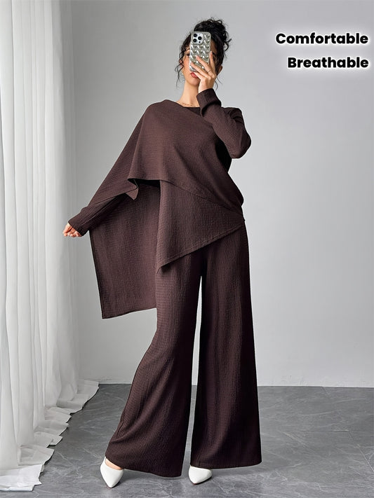 3-teiliges Damen-Set mit Asymmetrischer Hose & Schal – Atmungsaktiv, Stretch, Frühling/Herbst