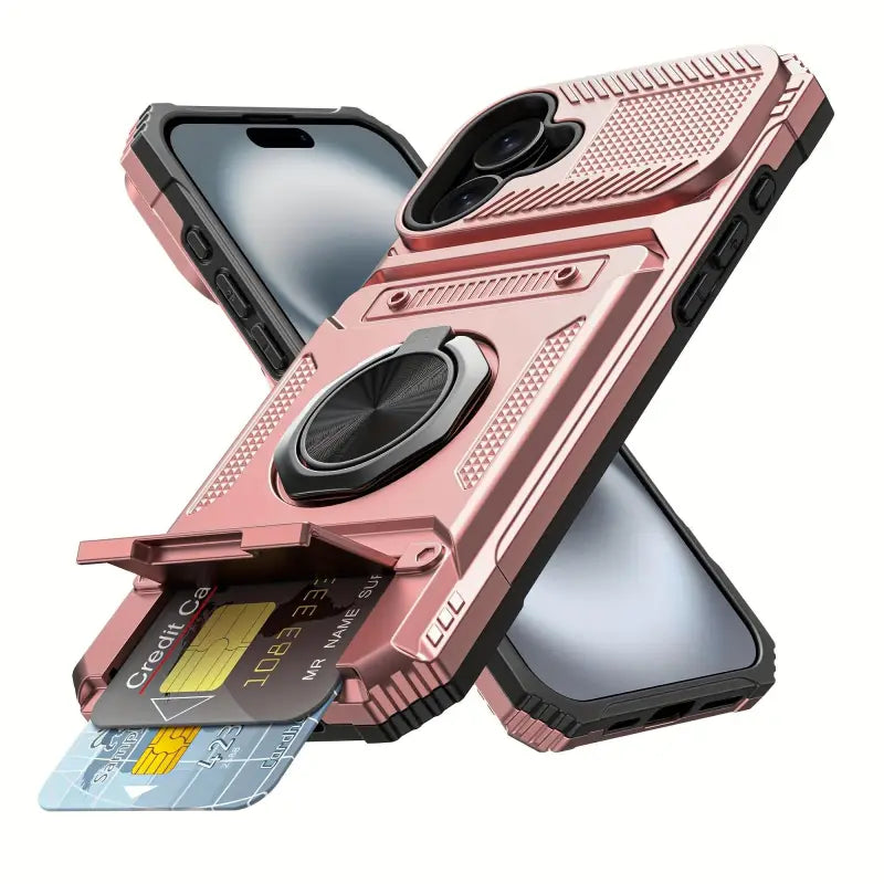Stoßfeste handyhülle in roségold mit schwarzem metallhalter und dual-kartenslot für iphone 11 bis 17 pro max hinten online bestellen