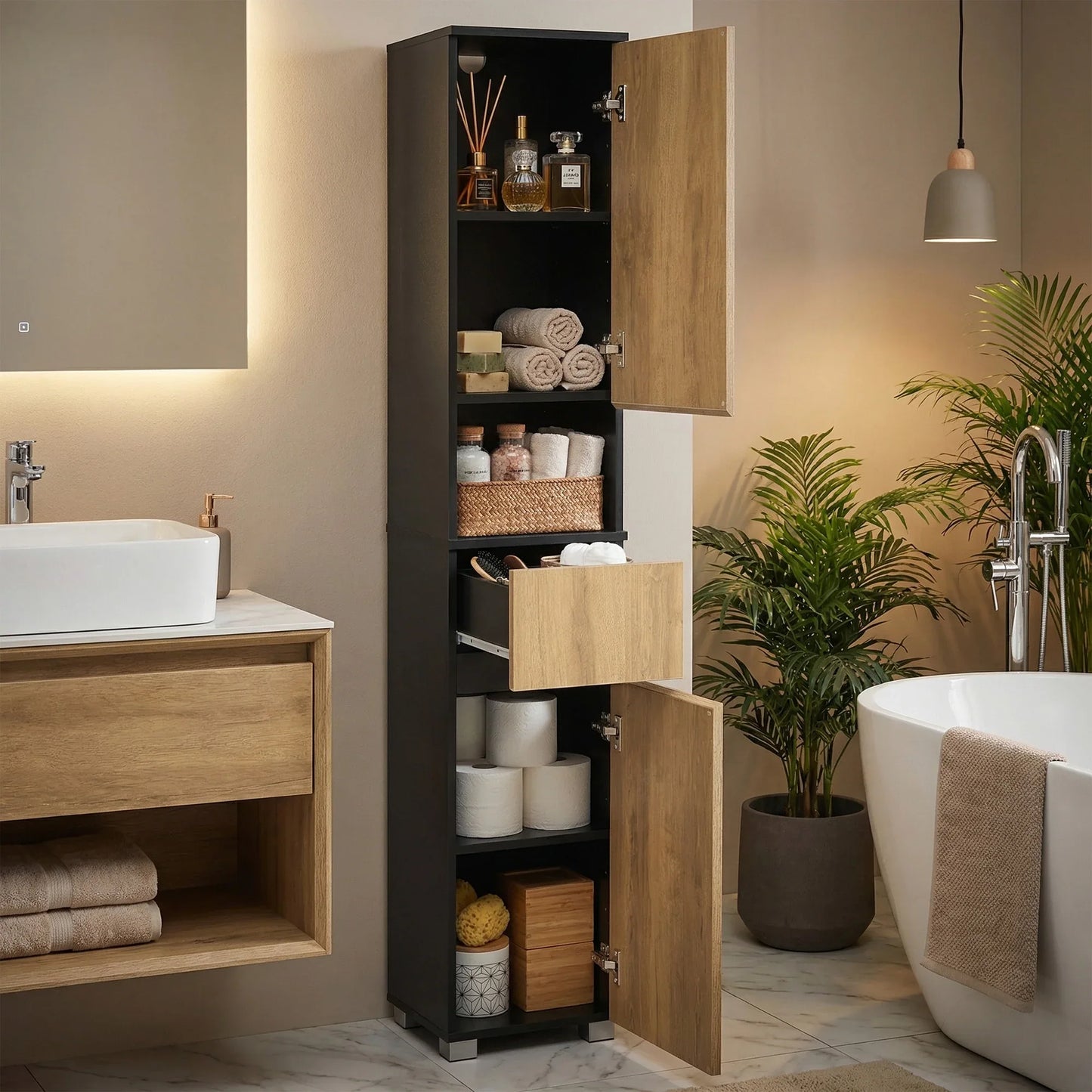 Badezimmerschrank mit Schublade & verstellbaren Einlegeböden – 30×30×170 cm, Schwarz-Braun