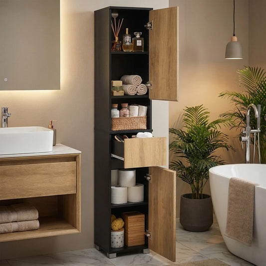 Badezimmerschrank mit Schublade & verstellbaren Einlegeböden – 30×30×170 cm, Schwarz-Braun