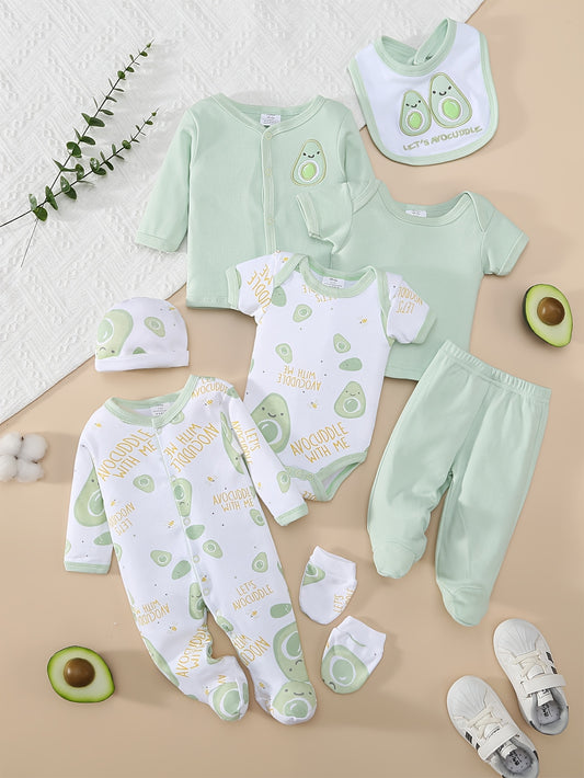 8-teiliges Baby-Set für Jungen & Mädchen – weiches Cartoon-Avocado-Design für Frühling & Sommer – Strampler, Mütze, Lätzchen, Socken, Hose, Jacke, Shirt & Body