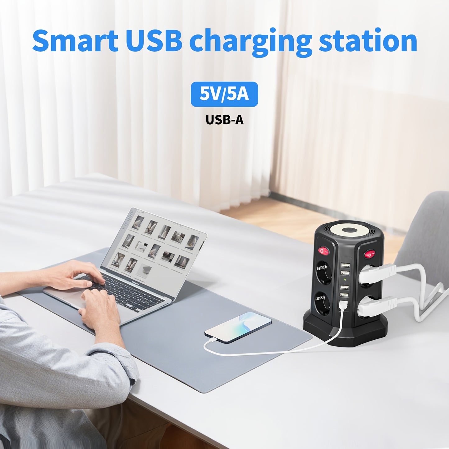 Diese 13 - in - 1 Steckdosenleiste bietet 3 Meter Kabellänge, 5 USB - A - Anschlüsse, 8 AC - Steckdosen, 4 unabhängige Schalter und ein sanftes, einstellbares Nachtlicht – perfekt für Büro, Homeoffice und Haushalt. - FUXL - Shopify