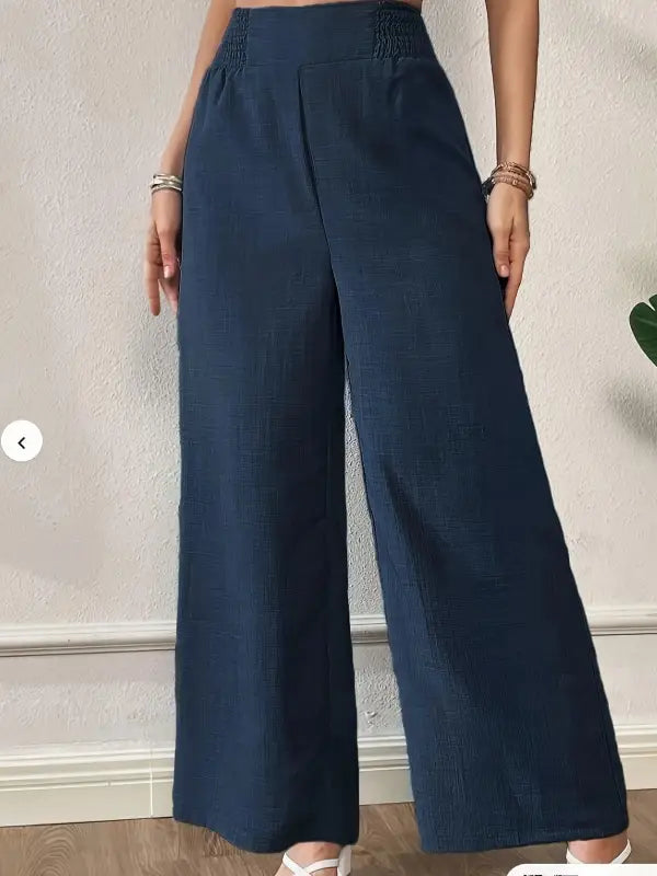 Dunkelblaue elegante weite hose mit strukturierter stoffe und smockbund casual palazzo hose für alle saisons