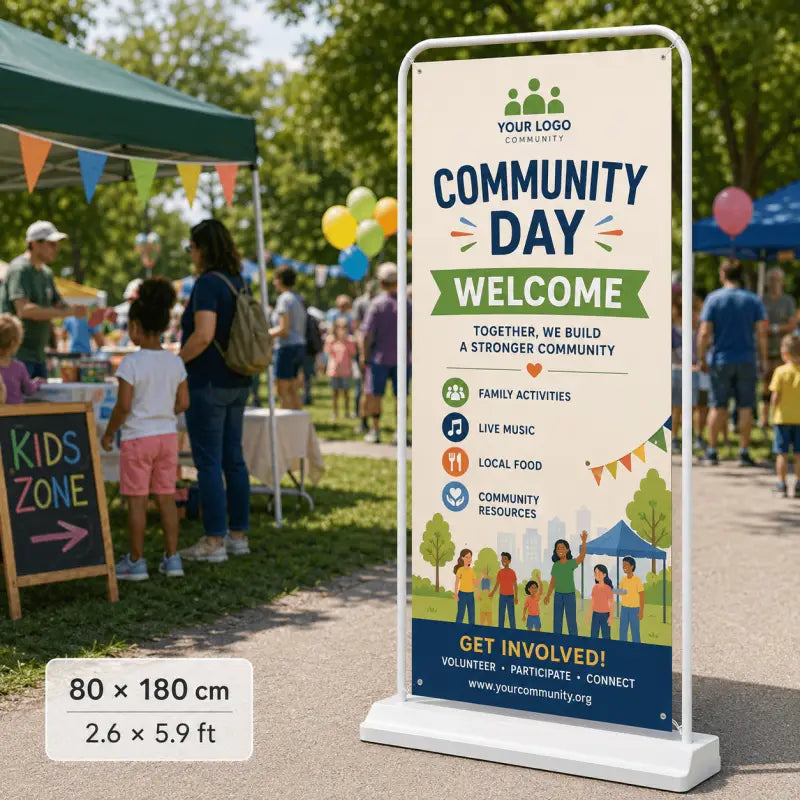 Weißer freistehender outdoor display stand 80x180cm mit grün blauem design für community day von FUXLShop