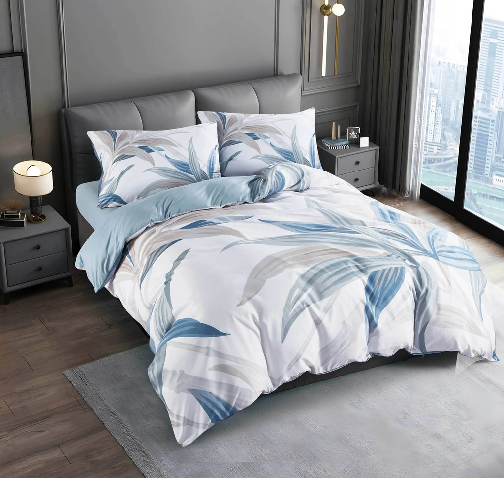 Bettwäsche-Set Nordic Blau-Grau Blatt-Motiv - 1 Bettbezug + 1-2 Kissenbezüge, Hochwertig Bedruckt (2-3 Teilig) - FUXLShop