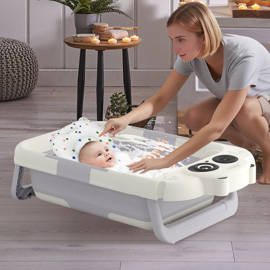 Faltbare Babybadewanne mit Badekissen & integriertem Thermometer – tragbar, rutschfest, leicht & stabil – ideal für Neugeborene, Kleinkinder, Reisen & Zuhause