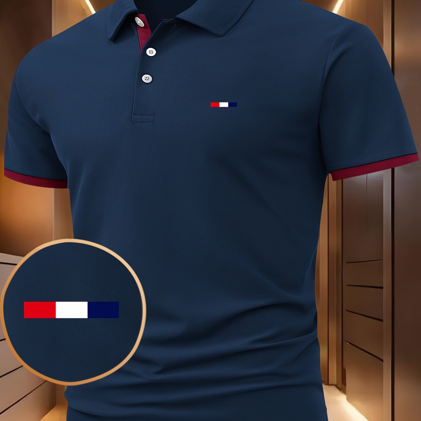 Herren -Shirt Rot mit weiß-blauem Muster – Kurzarm, Knopfkragen, leicht dehnbar, ideal für Sommer & Freizeit