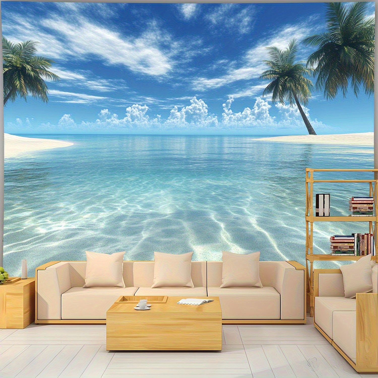 Großer tropischer Strand-Wandteppich – 2D Wandbild mit Palmen & klarem Wasser, inkl. Zubehör, ideal für Schlafzimmer & Wohnzimmer, Strand-Deko - FUXLShop