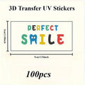Farbige 3d uv transfer sticker mit eigenem logo perfektes design mit zahn und schrift für personalisierte uv-transfer-sticker