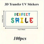 Farbige 3d uv transfer sticker mit eigenem logo perfektes design mit zahn und schrift für personalisierte uv-transfer-sticker