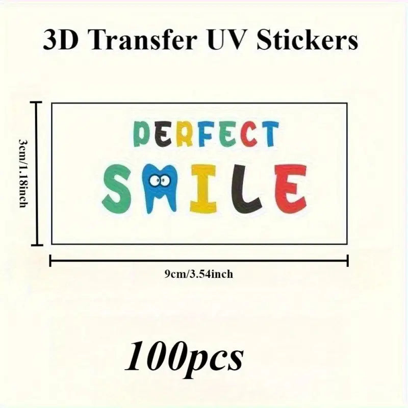 Farbige 3d uv transfer sticker mit eigenem logo perfektes design mit zahn und schrift für personalisierte uv-transfer-sticker