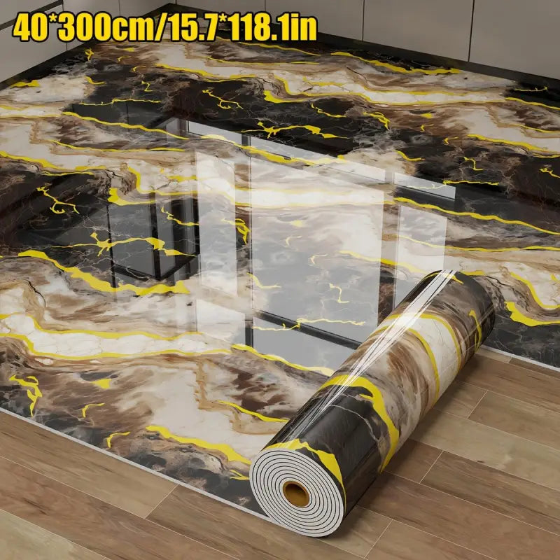 Eine rolle transparenter glänzender marmor bodenaufkleber rolle mit schwarzem, braunem und goldenem marmor muster