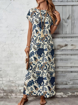 Damen Elegantes Blumenkleid – Kurzarm, Rundhals, Locker, Sommerkleid