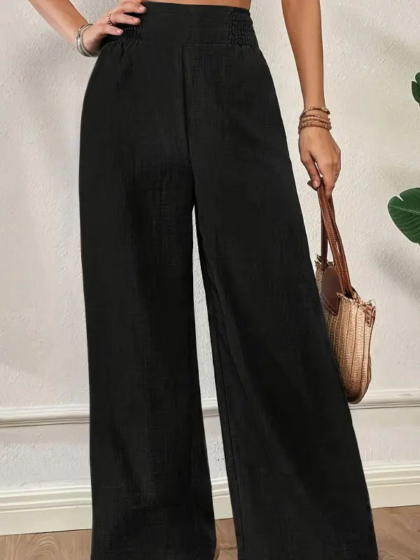 Schwarze elegante damen zweiteiler set tief sitzende wide leg stoffhose mit struktur und elastischem bund online bestellen