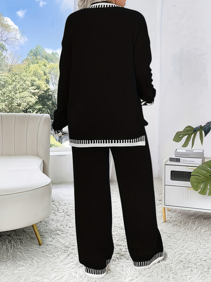 Plus Size Damen Outfit – Braun & Colorblock Sweater & Hose Set | Stretch, Rundhals, Langarm, All Season Casual Look