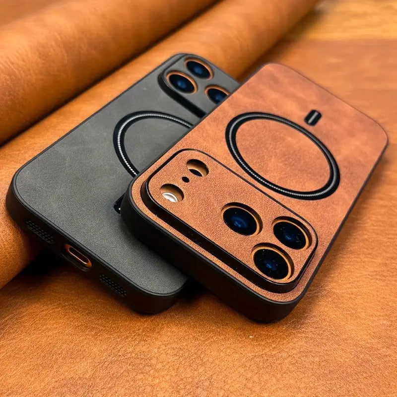 Braune luxus leder handyhülle mit schwarzem magnetring und kameraausschnitt und matte schwarze variante in retro business stil