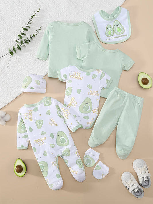 8-teiliges Baby-Set für Jungen & Mädchen – weiches Cartoon-Avocado-Design für Frühling & Sommer – Strampler, Mütze, Lätzchen, Socken, Hose, Jacke, Shirt & Body