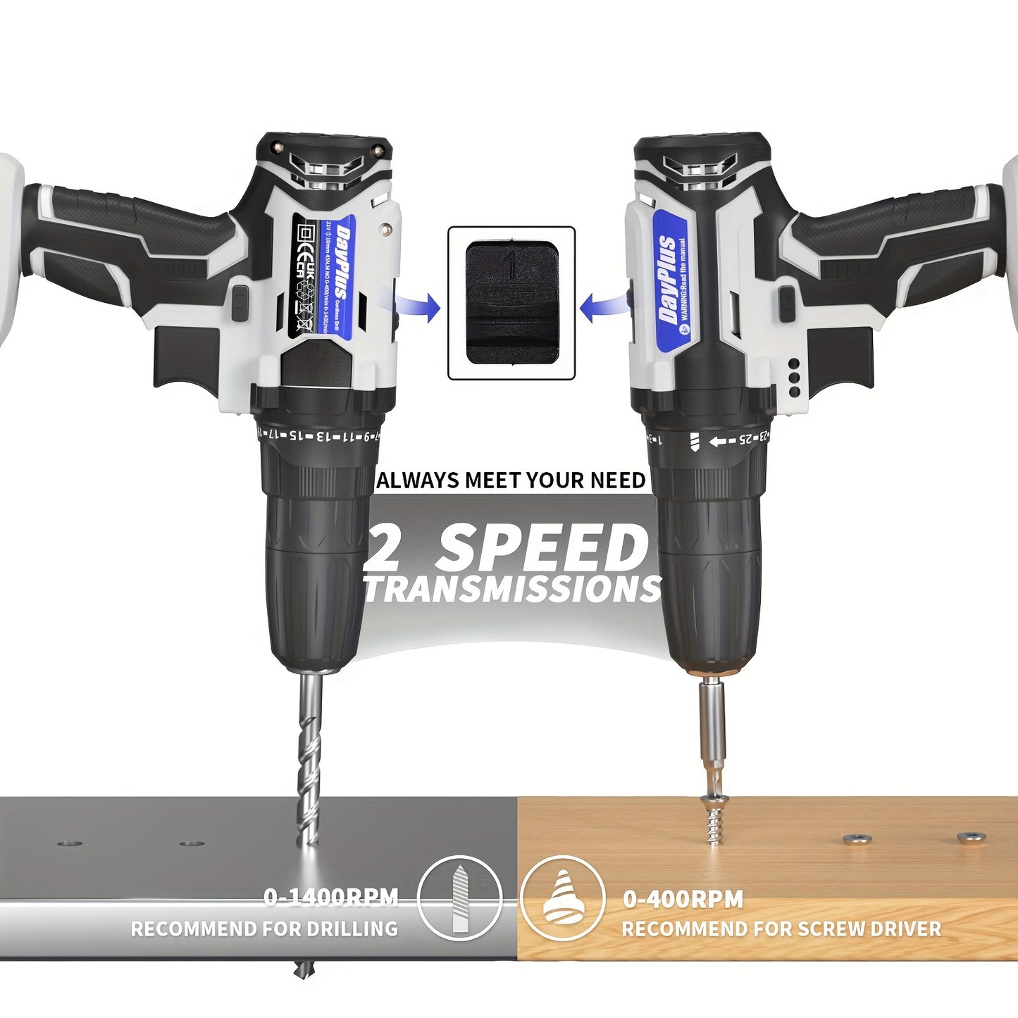 21V Akku-Bohrschrauber Set mit 2-Gang-Schaltung, 45Nm Drehmoment, LED, 25+1 Drehmomentstufen, 2 Akkus, Ladegerät, 29-teiliges Zubehör & Koffer