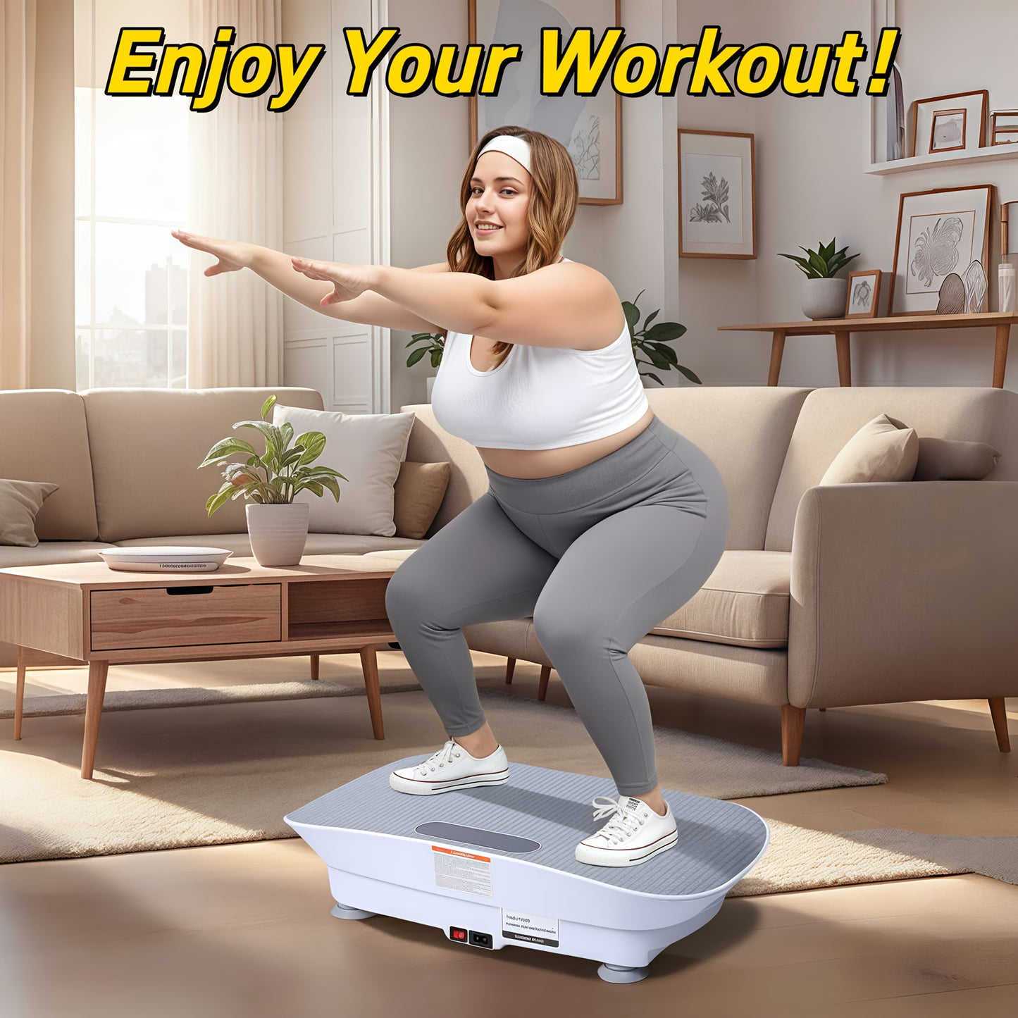 Frauen Vibrationsplatte – kompakte weiße Fitnessplattform mit LED-Display, Fernbedienung und rutschfestem Silikonpad für leises Ganzkörpertraining, Muskelstraffung und Core-Stärkung zuhause.
