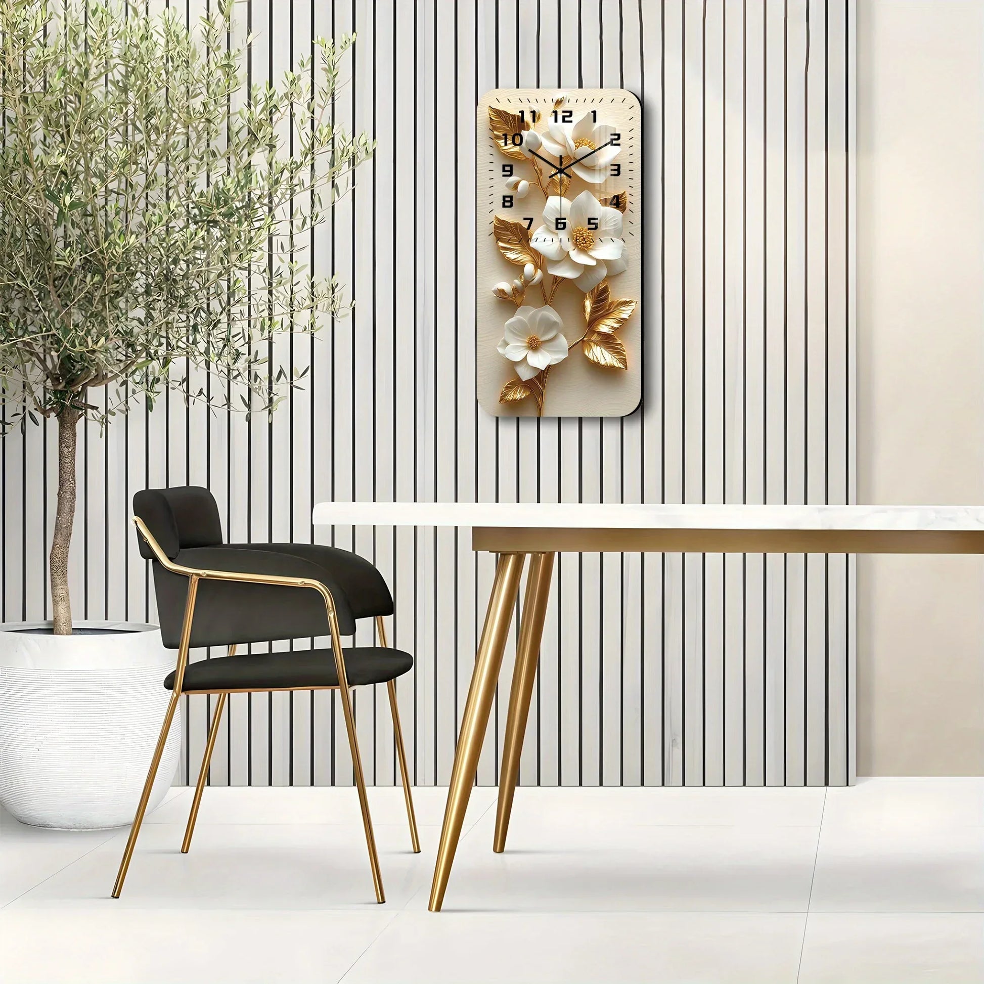 Wanduhr Holz mit Kristall - Weiße Magnolien & Goldene Blätter - Lautlos 19x38cm - FUXLShop
