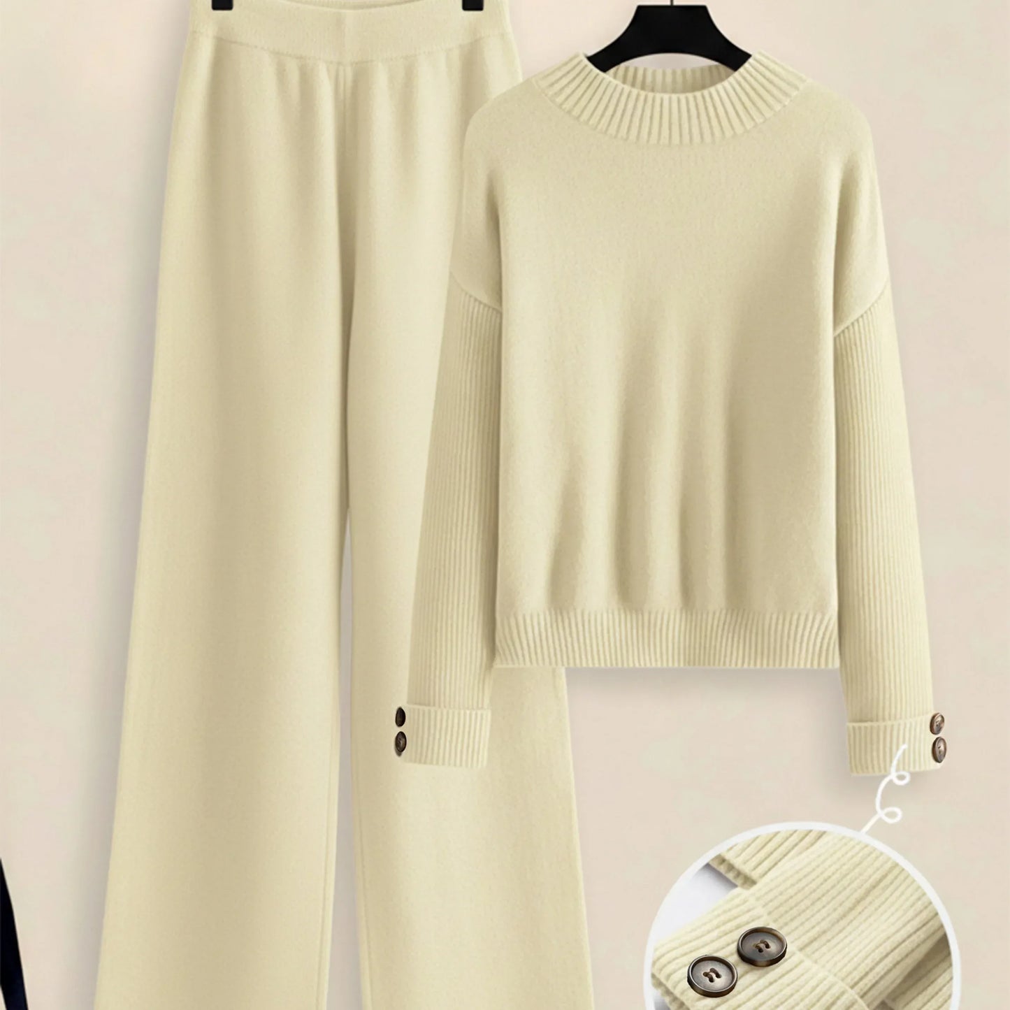 Damen Zweiteiler-Set mit Seitenstreifen – Rundhals Pullover & Gerade Hose, Weiche Freizeitkleidung für Herbst & Winter - FUXLShop