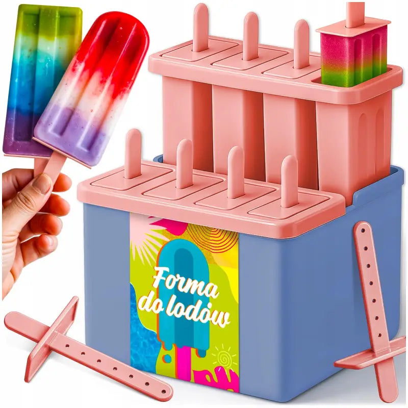 Kuketo eisformen 8er-set mit pinken und blauen plastikformen und bunten eis am stiel beispielen spülmaschinenfest