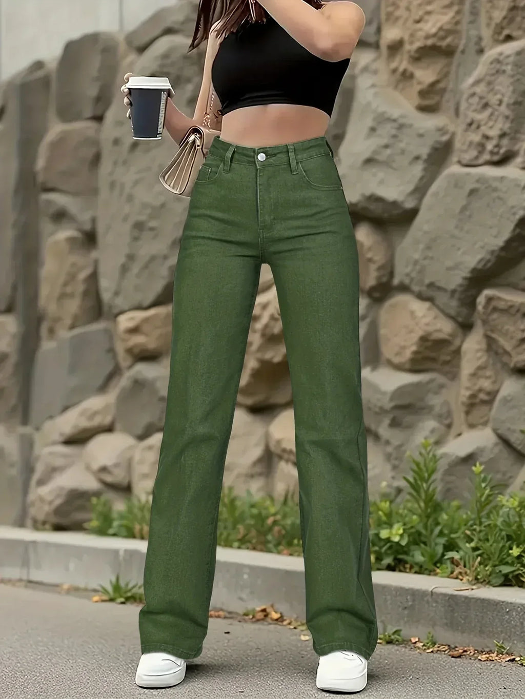 Army Green Stretch-Jeans – Straight Leg, High Waist, Casual Fit - FUXLShop