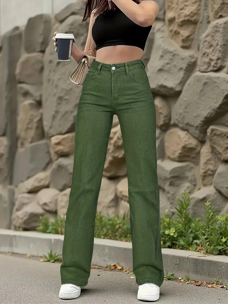 Army Green Stretch-Jeans – Straight Leg, High Waist, Casual Fit - FUXLShop