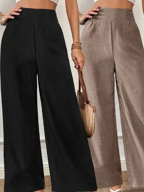 Elegantes damen-zweiteiler-set mit beige-schwarzer weit geschnittener schlaghose aus leinenähnlichem stoff online bestellen