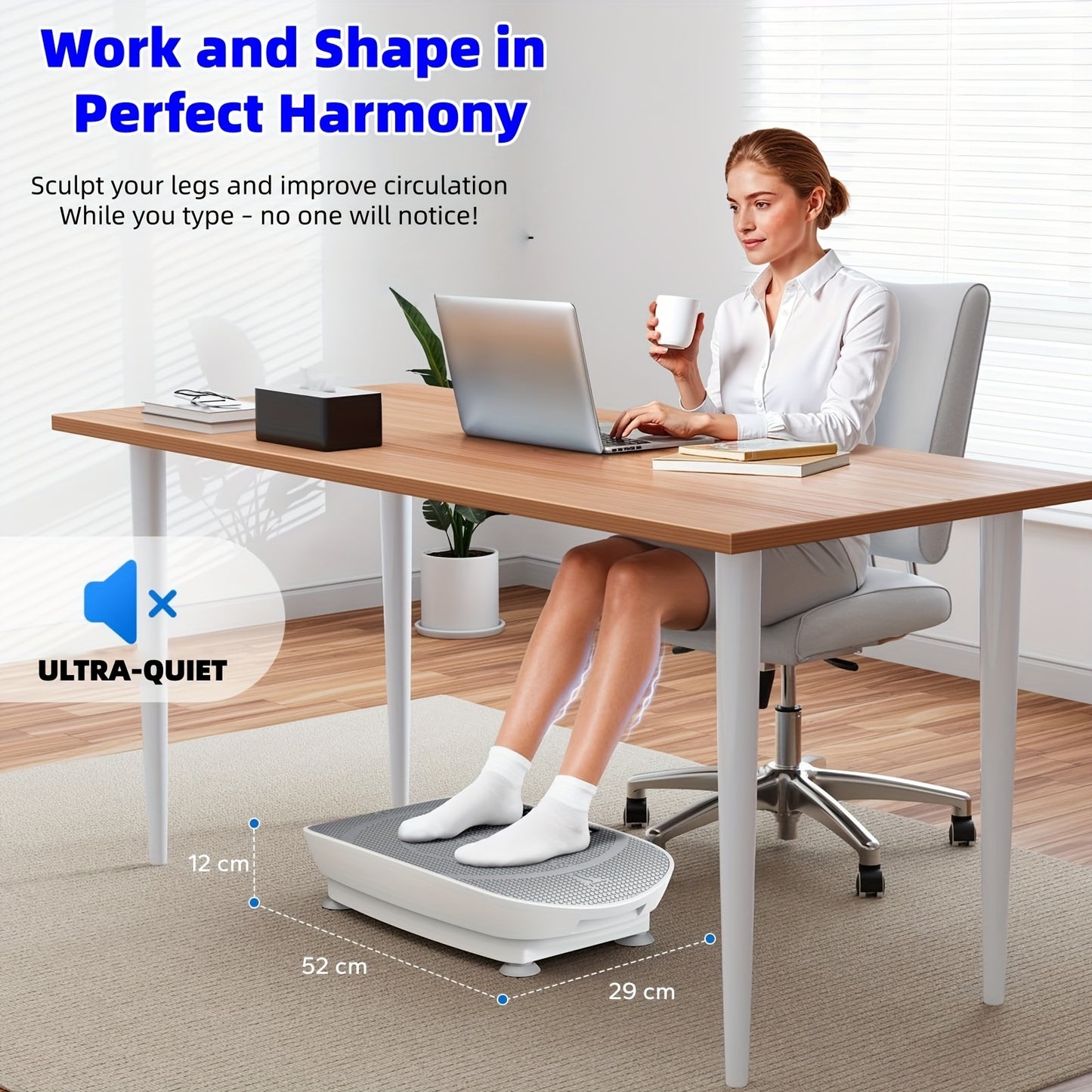 Frauen Vibrationsplatte – kompakte weiße Fitnessplattform mit LED-Display, Fernbedienung und rutschfestem Silikonpad für leises Ganzkörpertraining, Muskelstraffung und Core-Stärkung zuhause.
