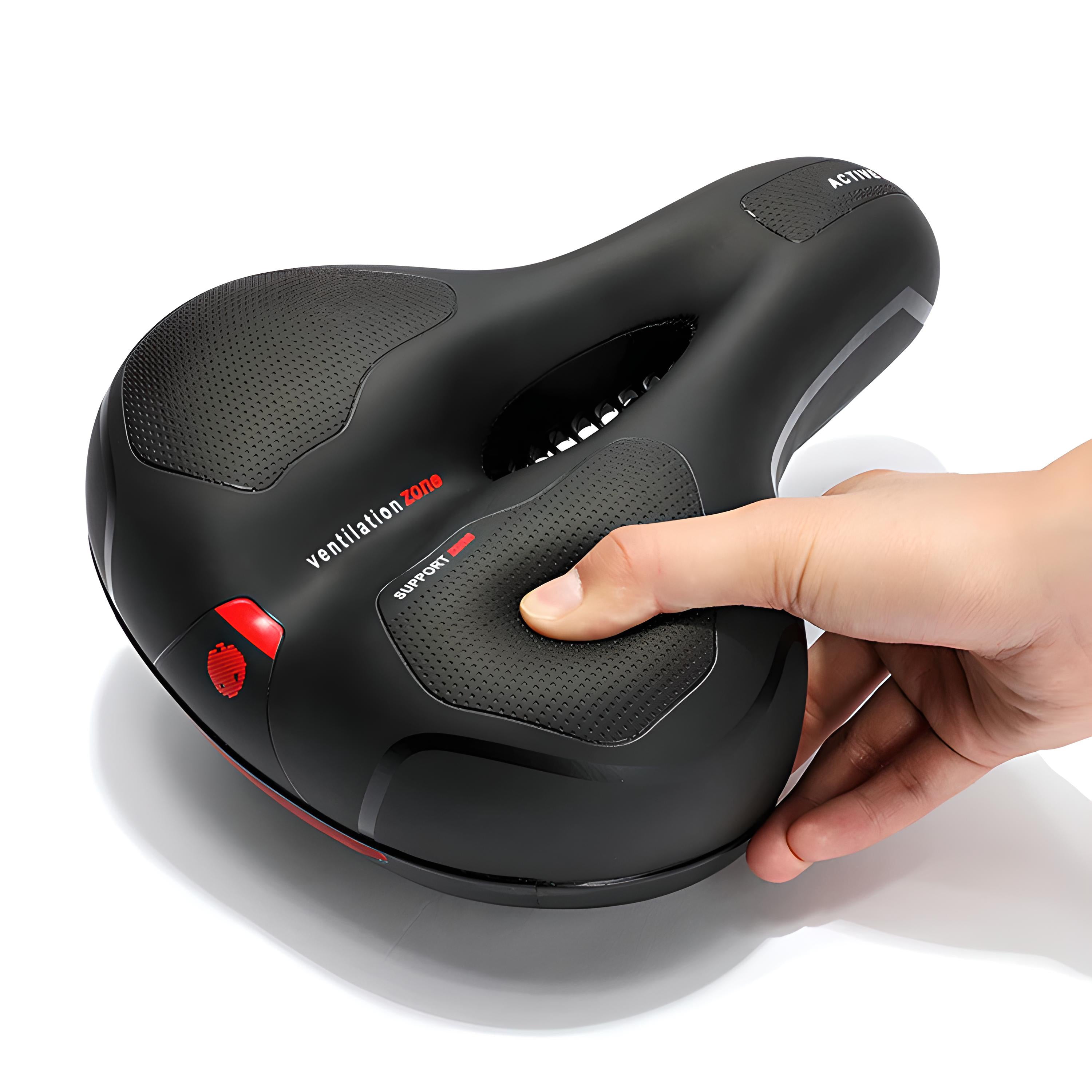 Bicycle Saddle RETOO Travelmate, Comfortable, with Shock Absorption, Profiled, Wide, Soft, Comfortable, Foam, Ergo, Waterproof, Suitable for Everyone, Ergonomic, Spine Protection, Tailbone Protection, Ventilation, Reflective Strap, Shock-Absorbing Spring – FUXLShop