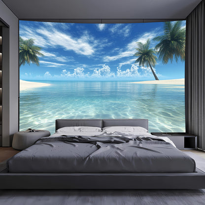 Großer tropischer Strand-Wandteppich – 2D Wandbild mit Palmen & klarem Wasser, inkl. Zubehör, ideal für Schlafzimmer & Wohnzimmer, Strand-Deko - FUXLShop