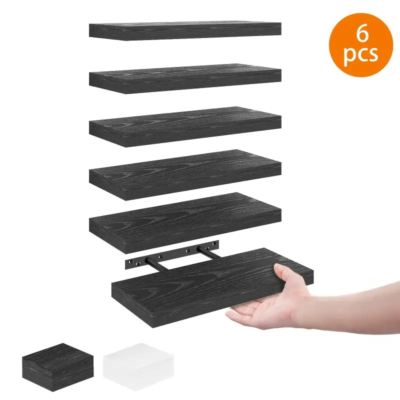 Wandregal 6er set schwarze schwebende regalbretter mit holzmaserung und metallhalterungen 40 cm