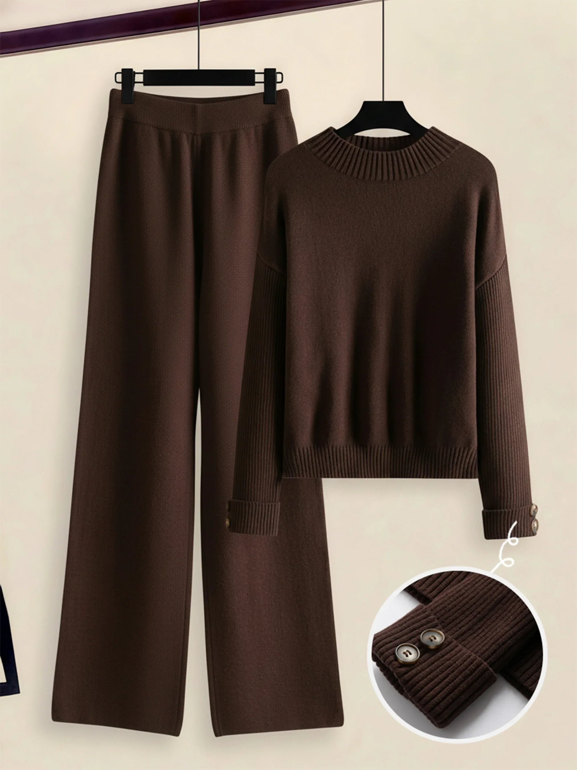 Damen Zweiteiler-Set mit Seitenstreifen – Rundhals Pullover & Gerade Hose, Weiche Freizeitkleidung für Herbst & Winter - FUXLShop