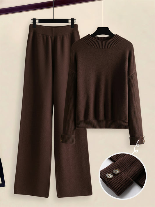 Damen Zweiteiler-Set mit Seitenstreifen – Rundhals Pullover & Gerade Hose, Weiche Freizeitkleidung für Herbst & Winter