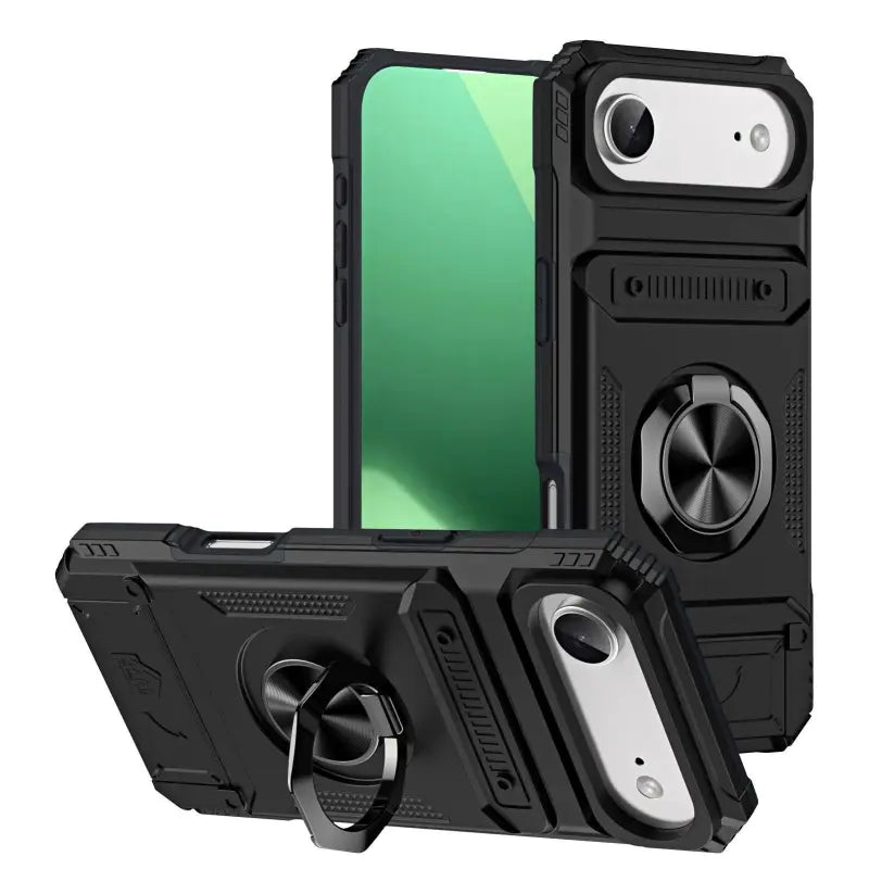 Schwarze stoßfeste handyhülle mit metallring und strukturiertem design für iphone 11 bis 17 pro max zweite rückseite heavy duty online bestellen