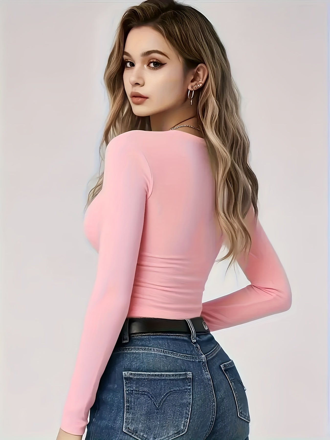 4er-Pack Damen Langarmshirts Rundhals – Stretch Basic-Tops Uni-Farben