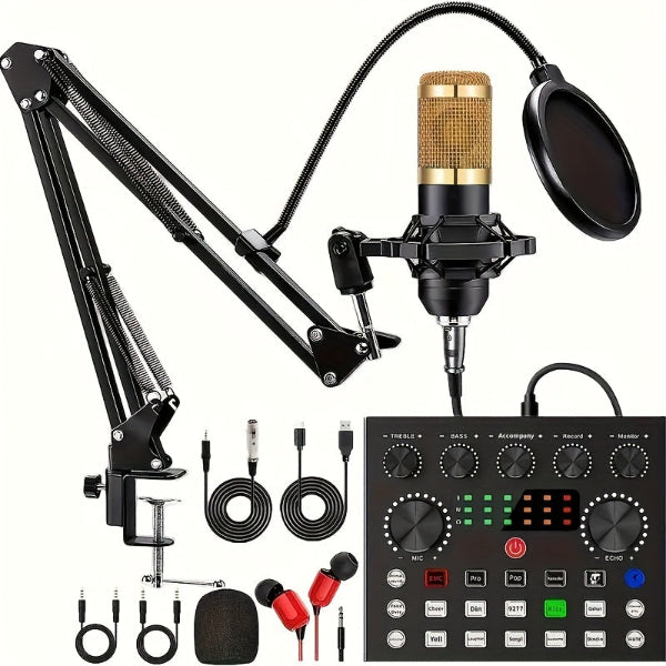 All-in-One Streaming Audio Kit mit BM800 Mikrofon, V8S Mixer & Zubehör – Metallgehäuse, USB, Geräuschunterdrückung, Soundeffekte, Dual-Device, ideal für Podcast & YouTube - FUXLShop